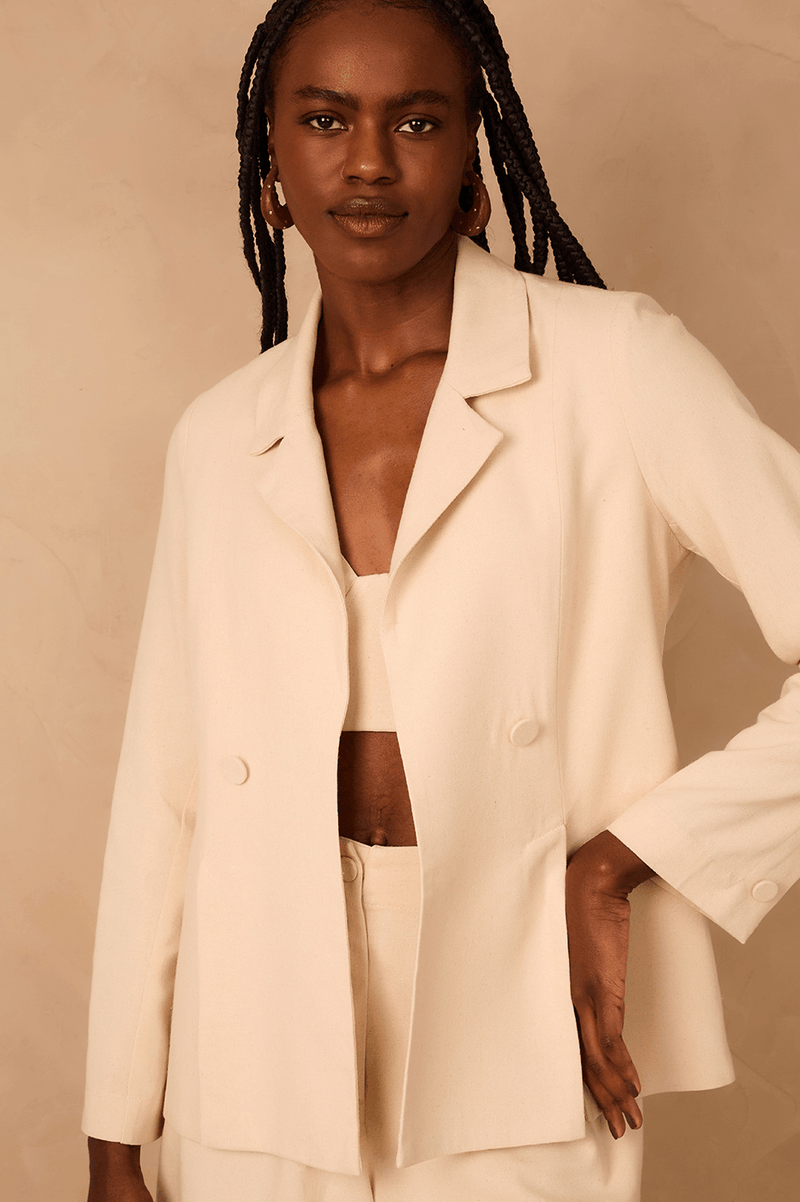 Off-White Notched Lapel Slit Linen Blazer_0