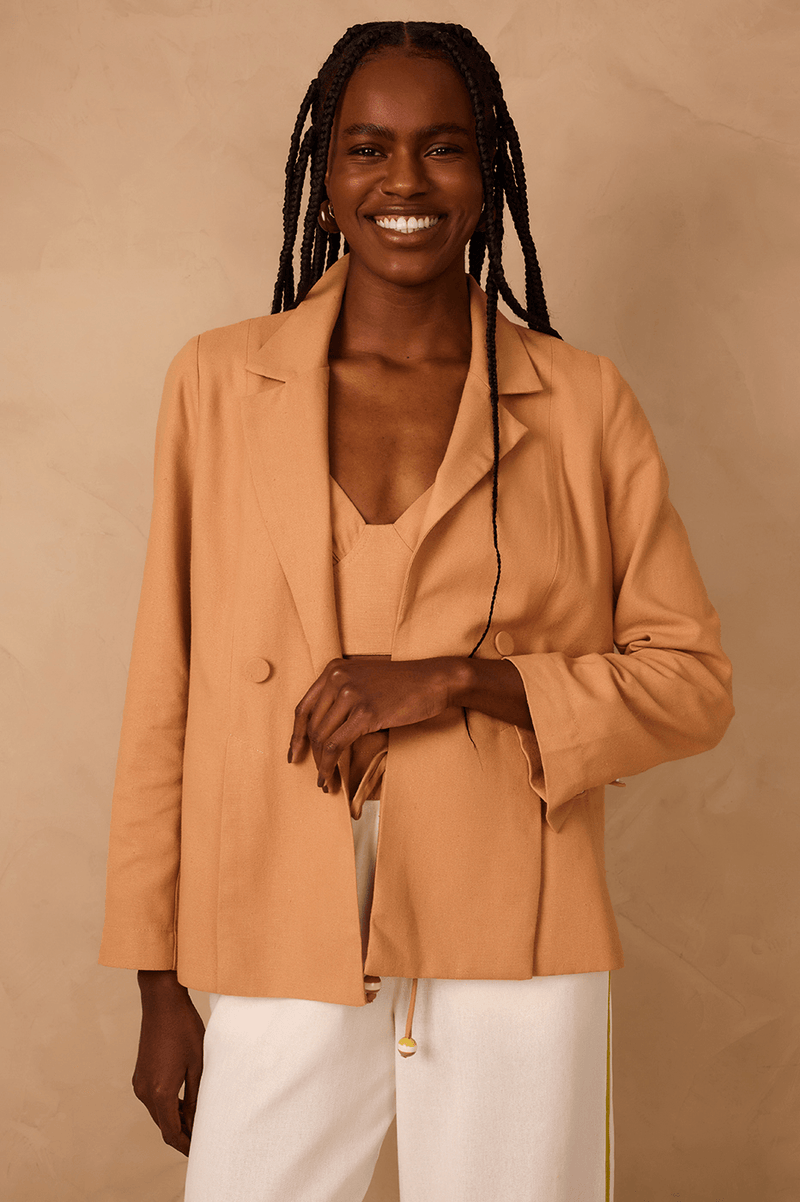 Beige Leme Notched Lapel Slit Linen Blazer_1