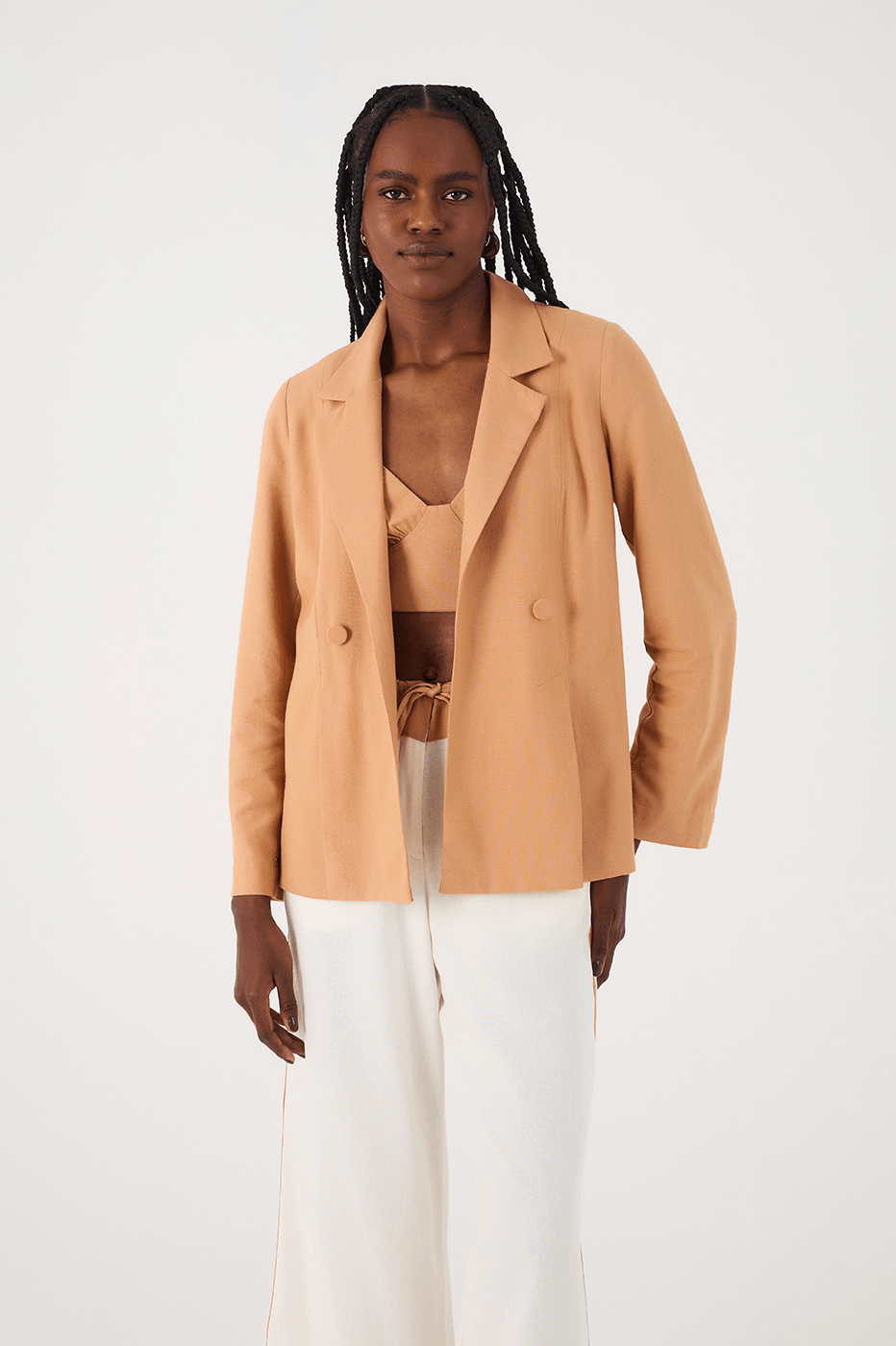 Beige Leme Notched Lapel Slit Linen Blazer