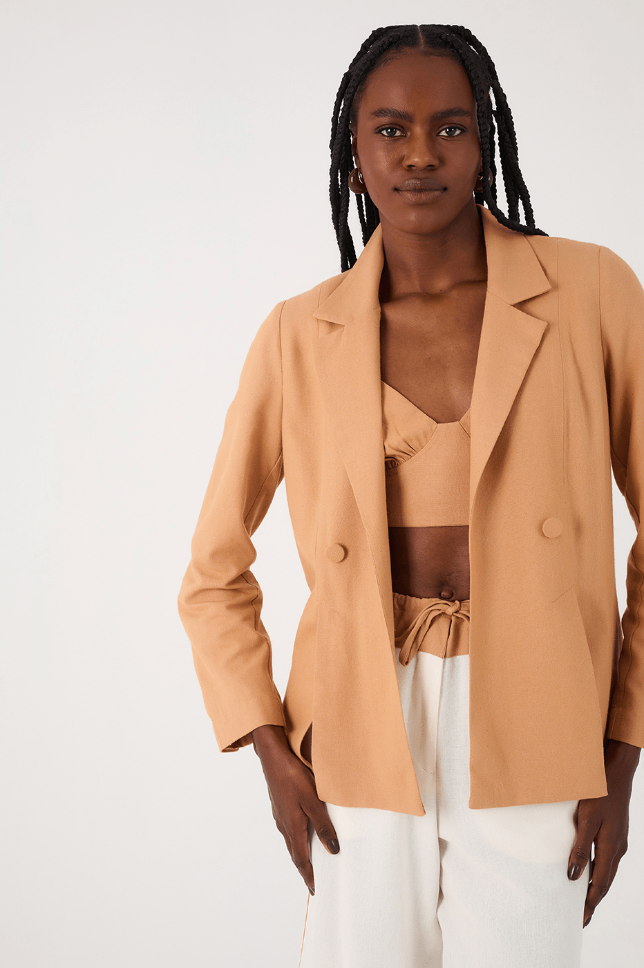 Beige Leme Notched Lapel Slit Linen Blazer