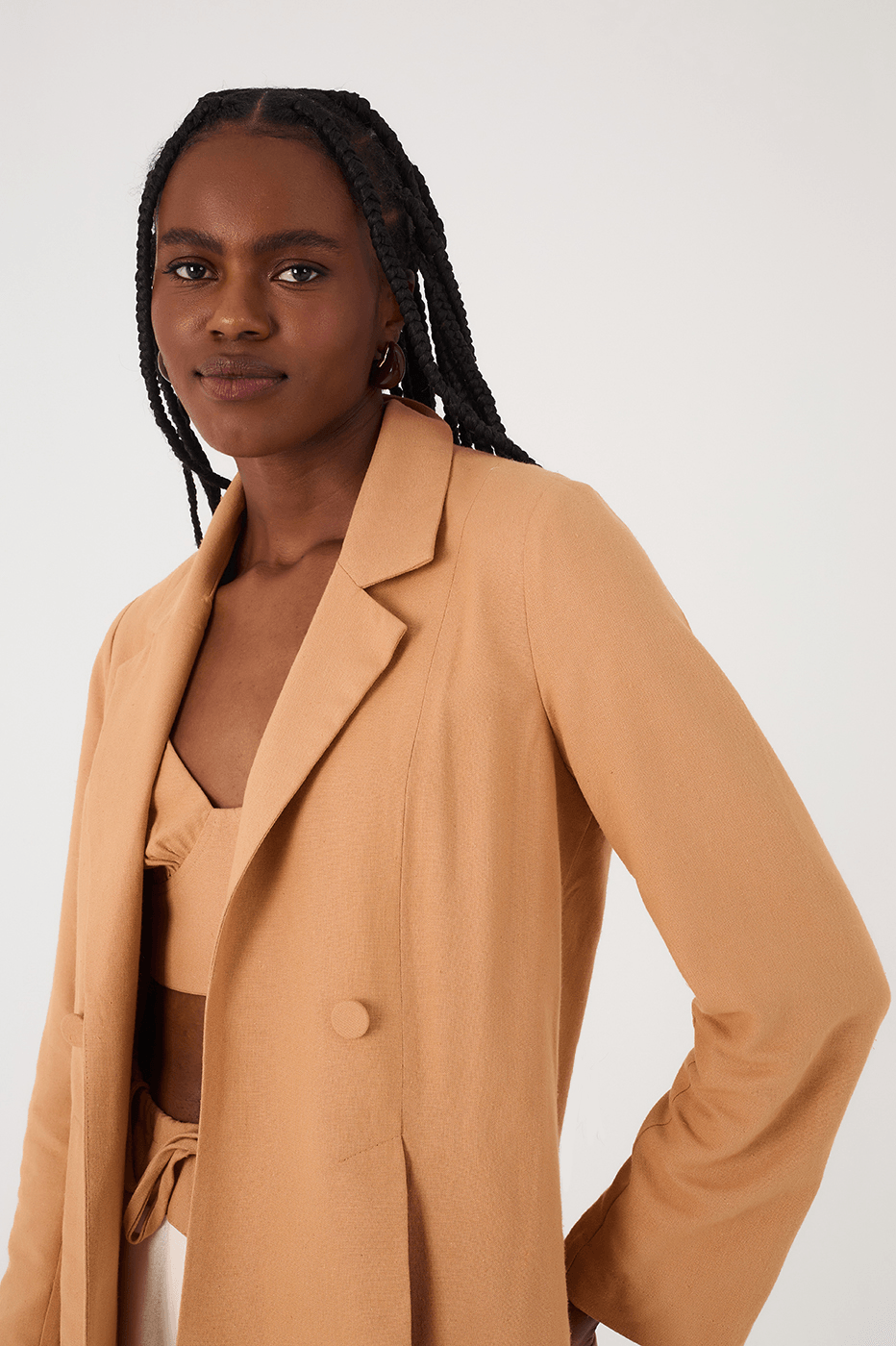 Beige Leme Notched Lapel Slit Linen Blazer