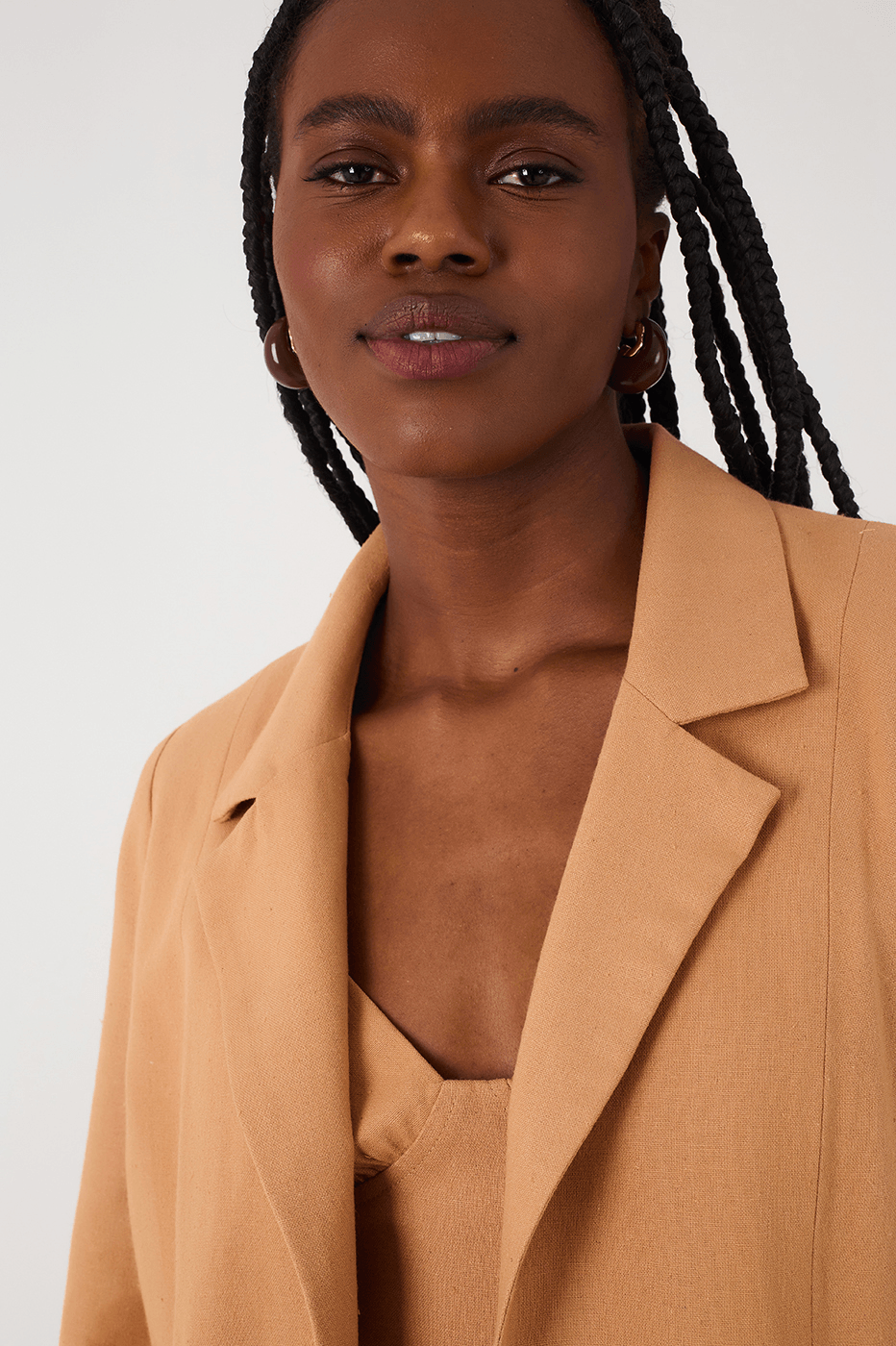 Beige Leme Notched Lapel Slit Linen Blazer