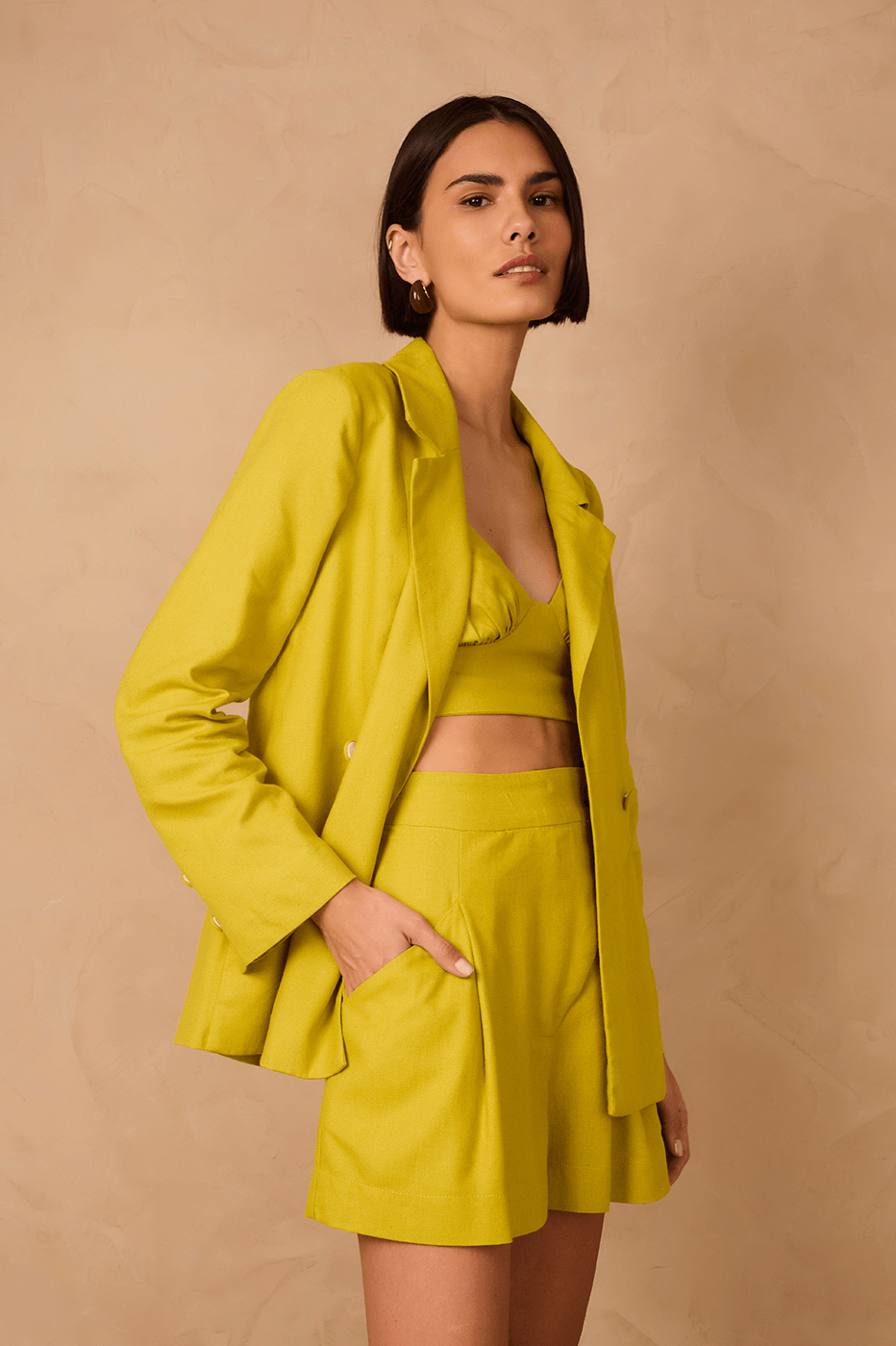 Green Urca Notched Lapel Slit Linen Blazer