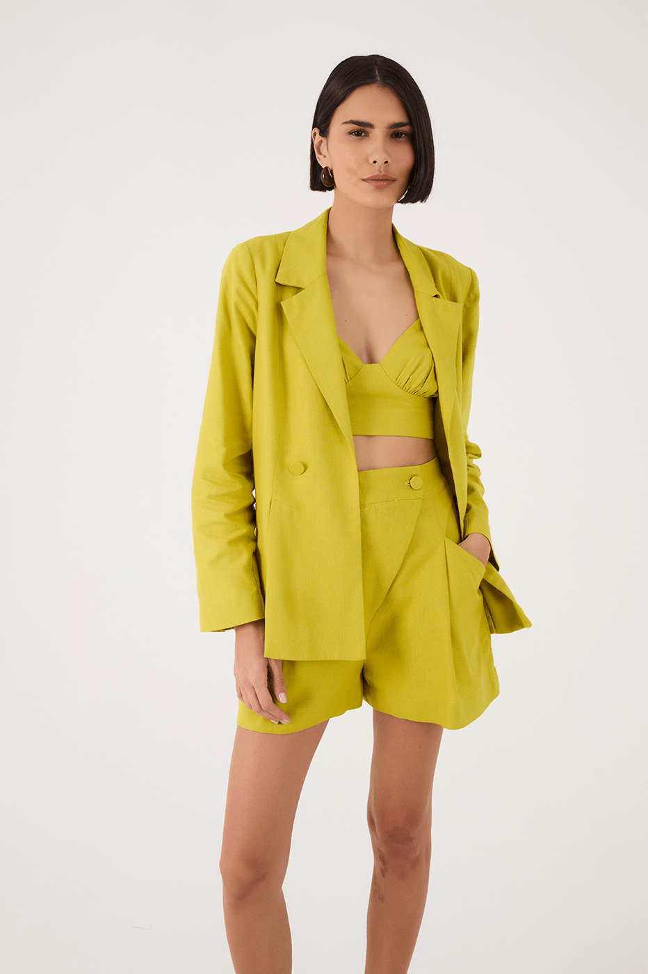 Green Urca Notched Lapel Slit Linen Blazer