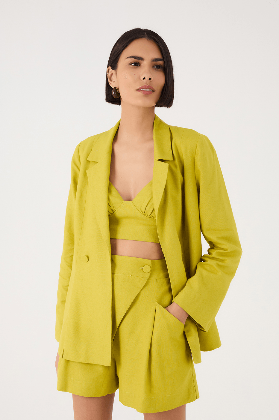 Green Urca Notched Lapel Slit Linen Blazer