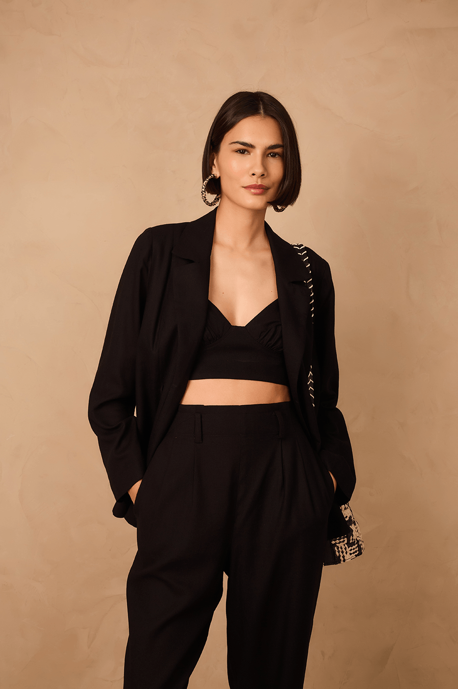 Black Notched Lapel Slit Linen Blazer