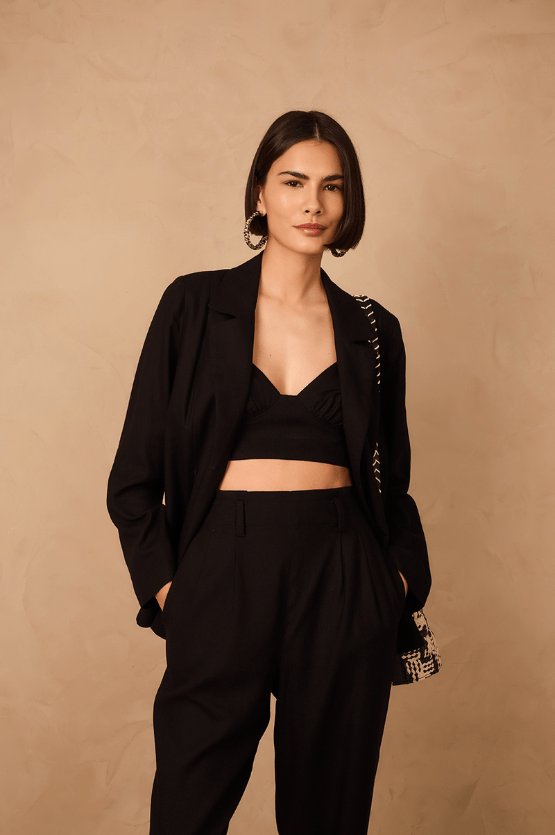 Black Notched Lapel Slit Linen Blazer_1