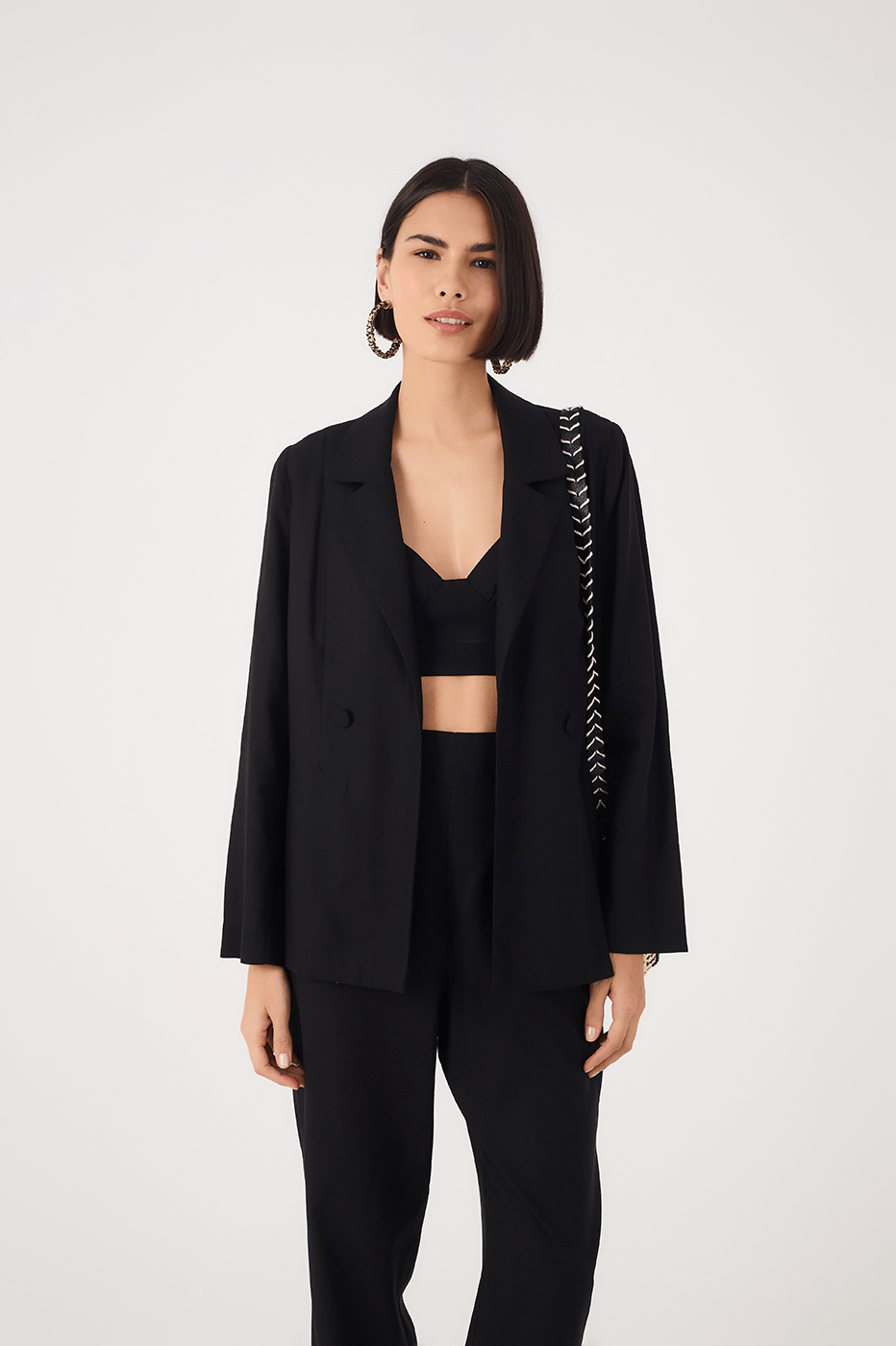 Black Notched Lapel Slit Linen Blazer