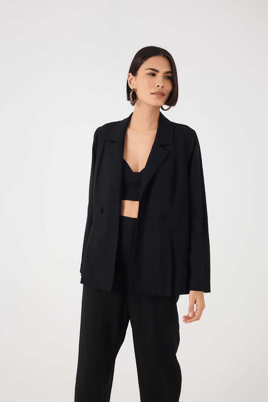 Black Notched Lapel Slit Linen Blazer