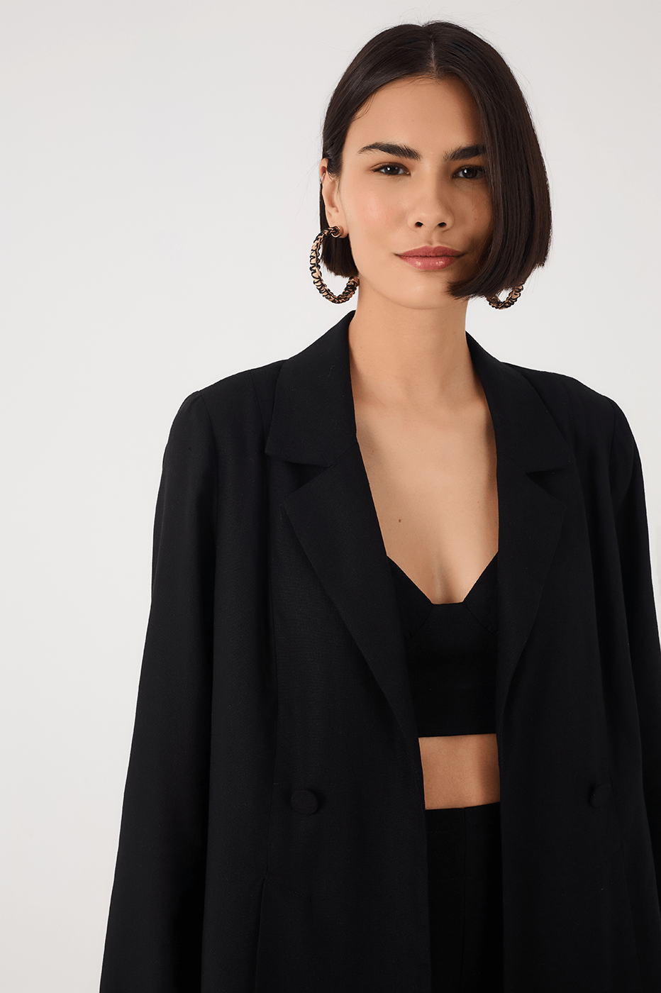 Black Notched Lapel Slit Linen Blazer