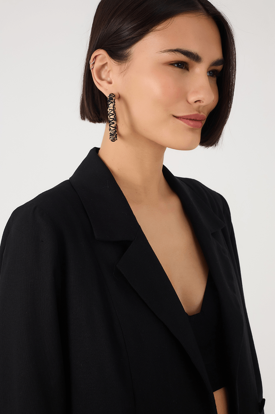 Black Notched Lapel Slit Linen Blazer