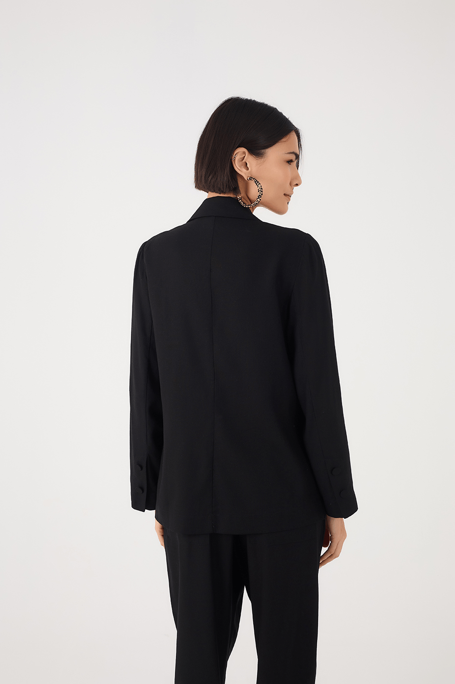 Black Notched Lapel Slit Linen Blazer