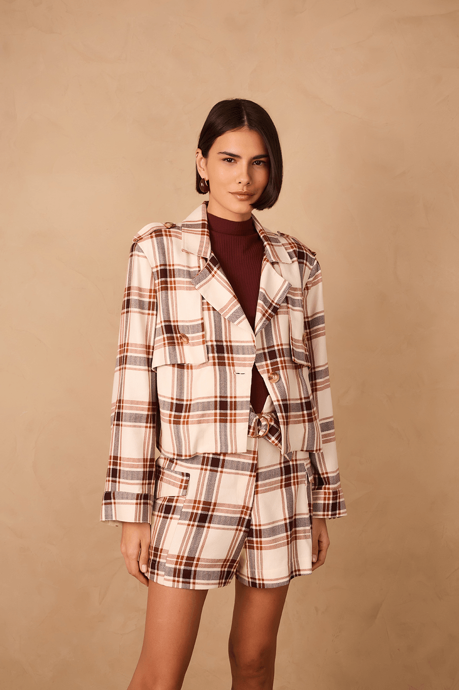 Brown Mate Plaid Notched Lapel Buttoned Layered Jacket