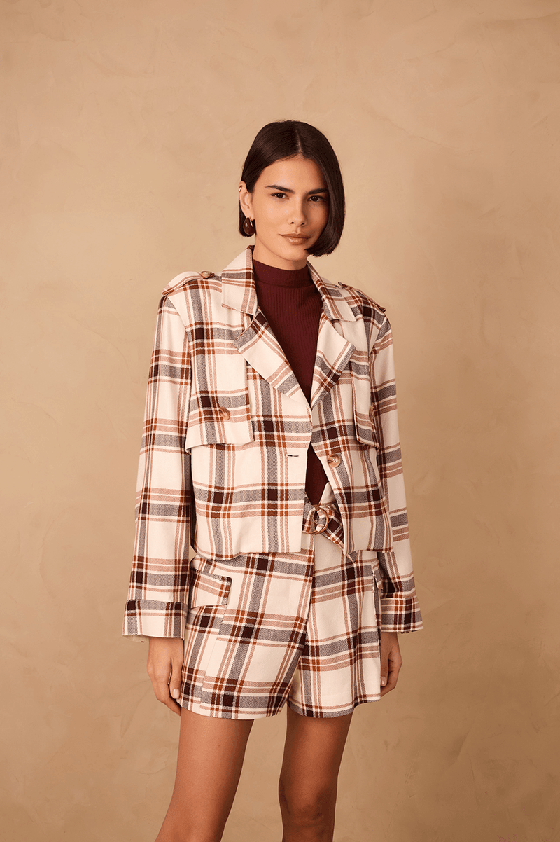 Brown Mate Plaid Notched Lapel Buttoned Layered Jacket_1