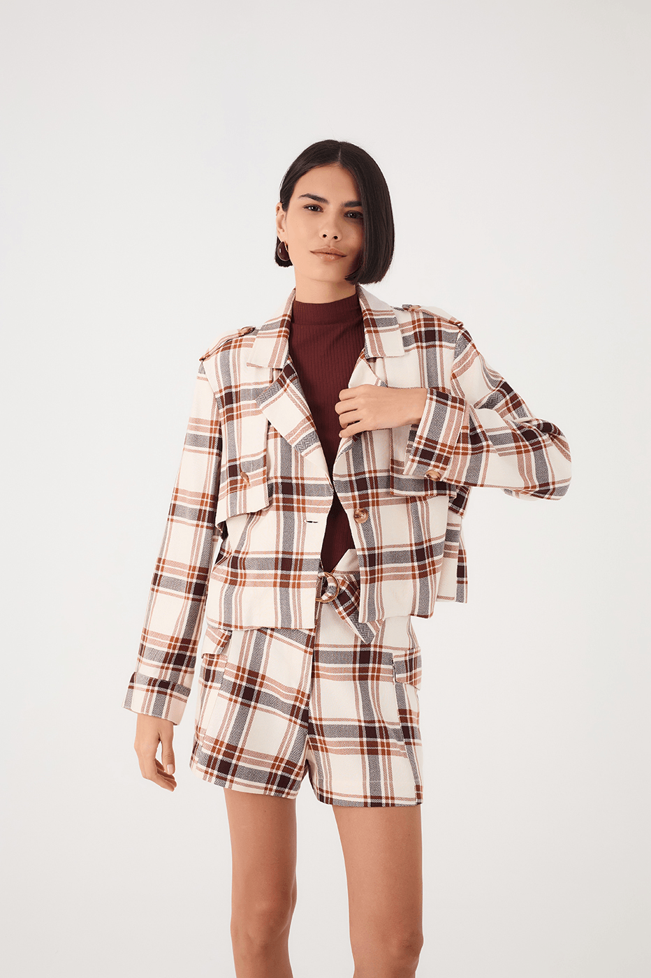 Brown Mate Plaid Notched Lapel Buttoned Layered Jacket