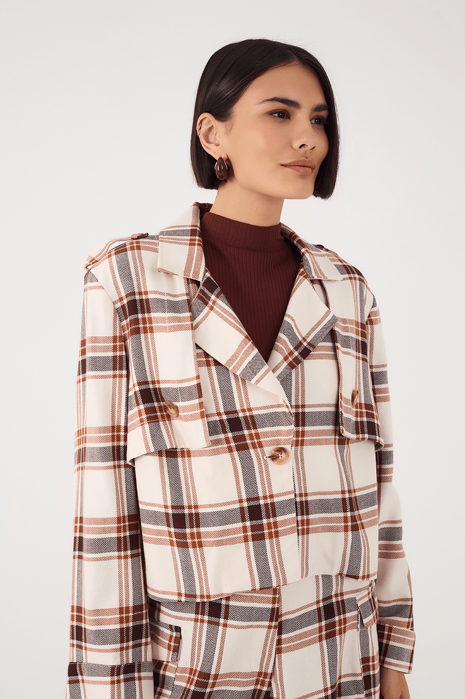 Brown Mate Plaid Notched Lapel Buttoned Layered Jacket