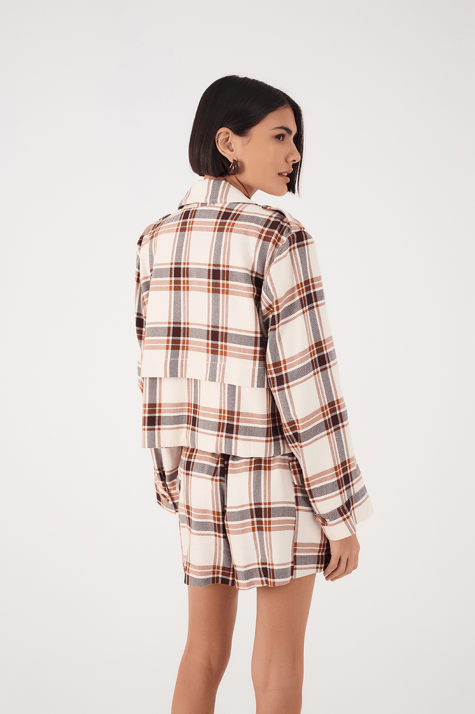 Brown Mate Plaid Notched Lapel Buttoned Layered Jacket