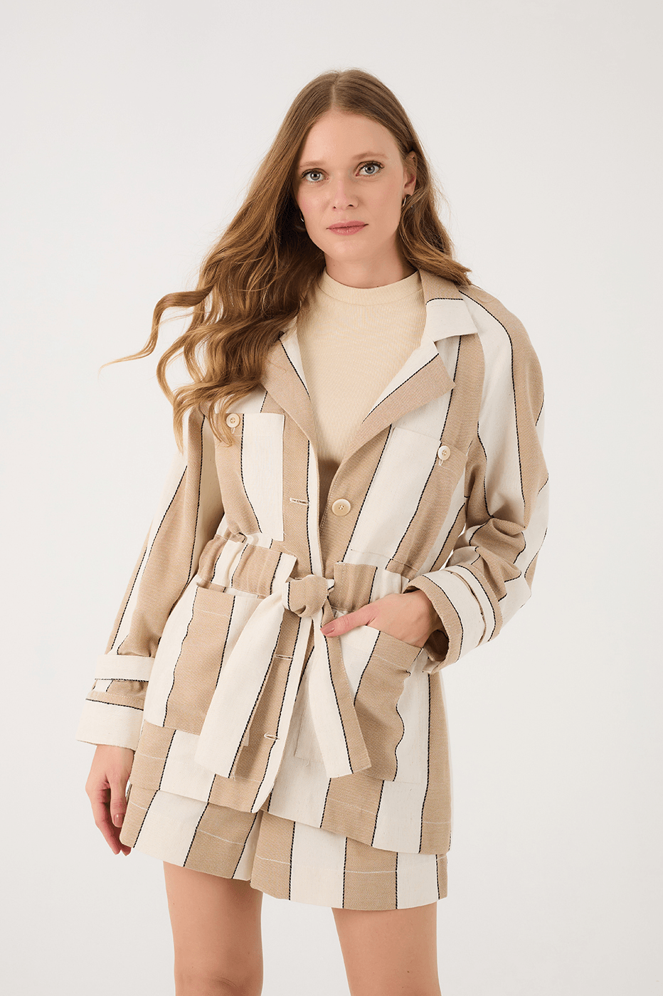 Beige Stripes Belted Notched Lapel Pockets Linen Coat