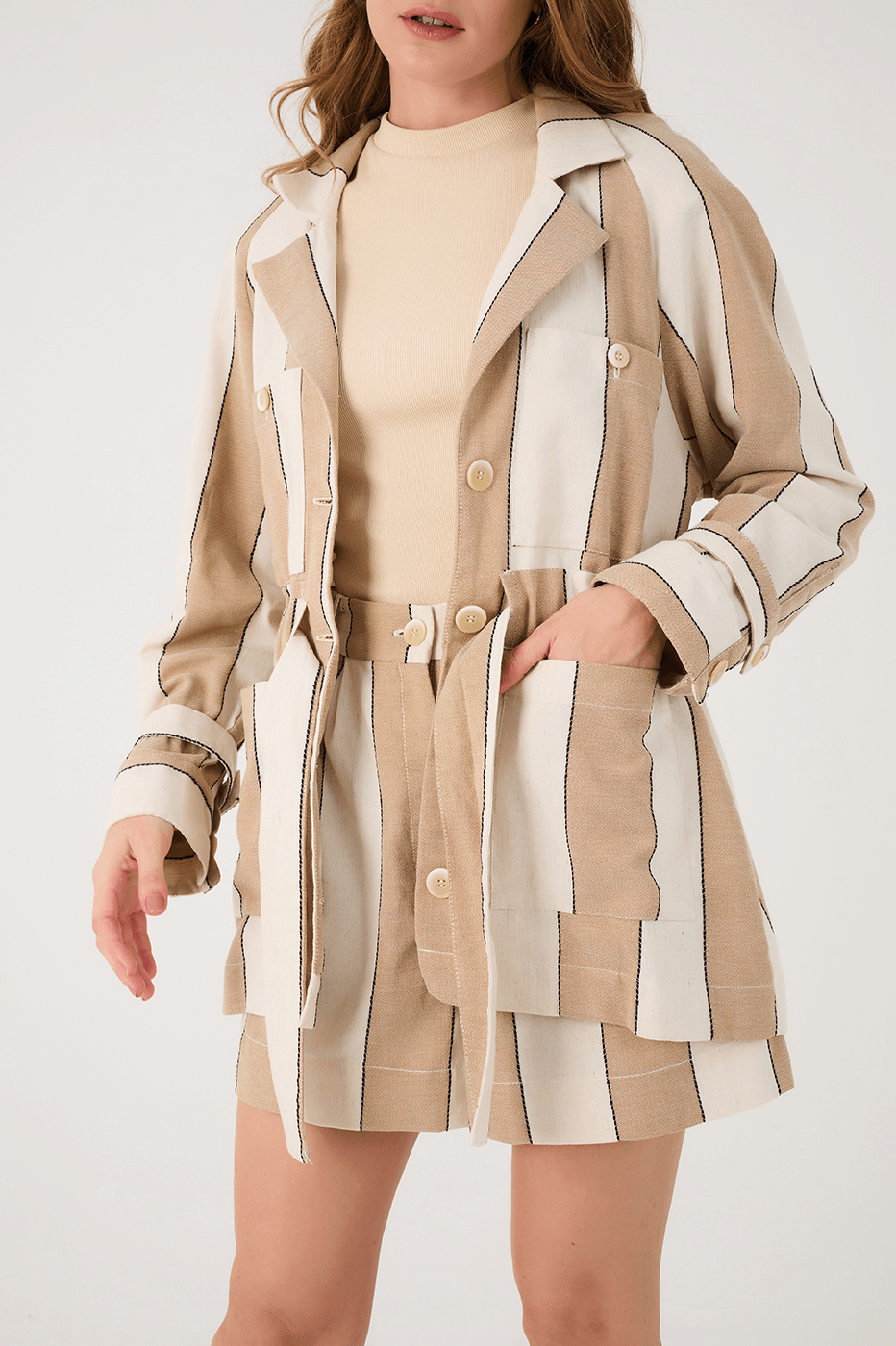 Beige Stripes Belted Notched Lapel Pockets Linen Coat
