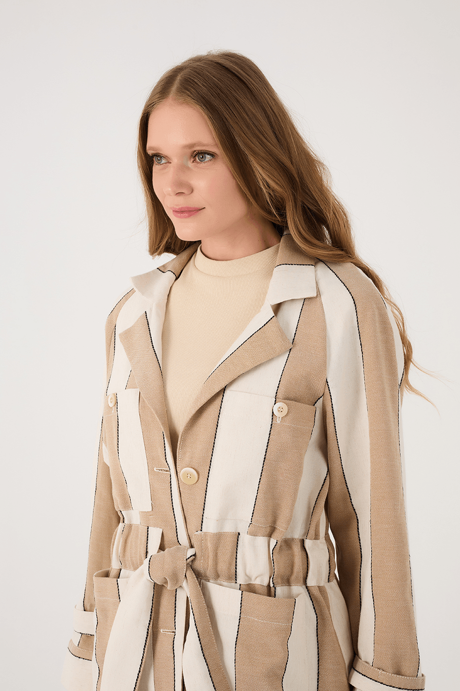Beige Stripes Belted Notched Lapel Pockets Linen Coat