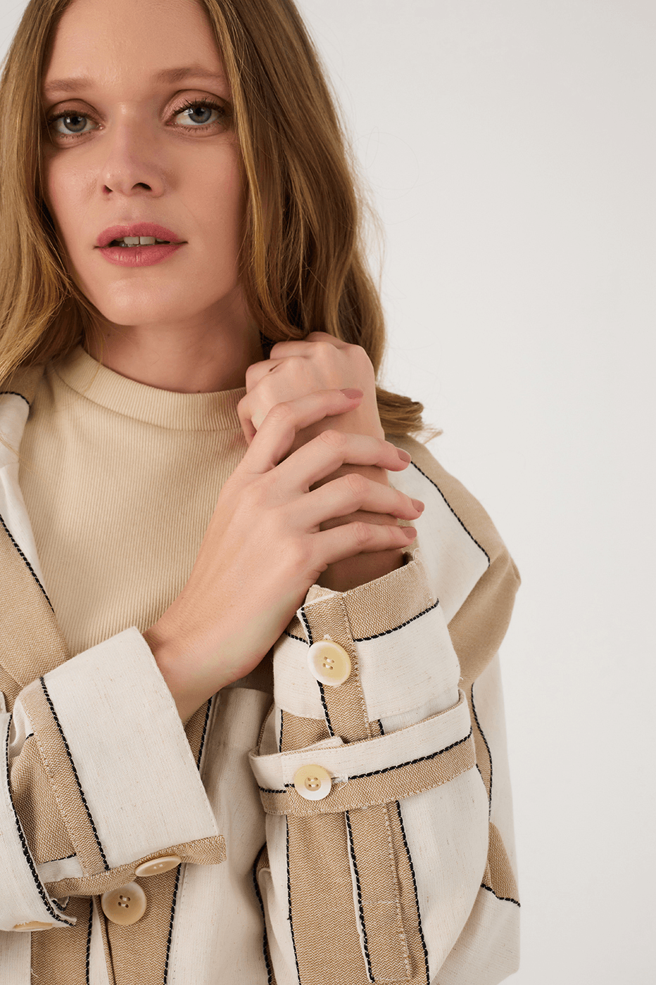 Beige Stripes Belted Notched Lapel Pockets Linen Coat