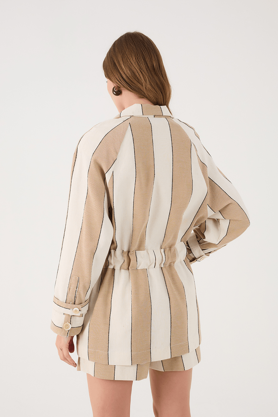 Beige Stripes Belted Notched Lapel Pockets Linen Coat