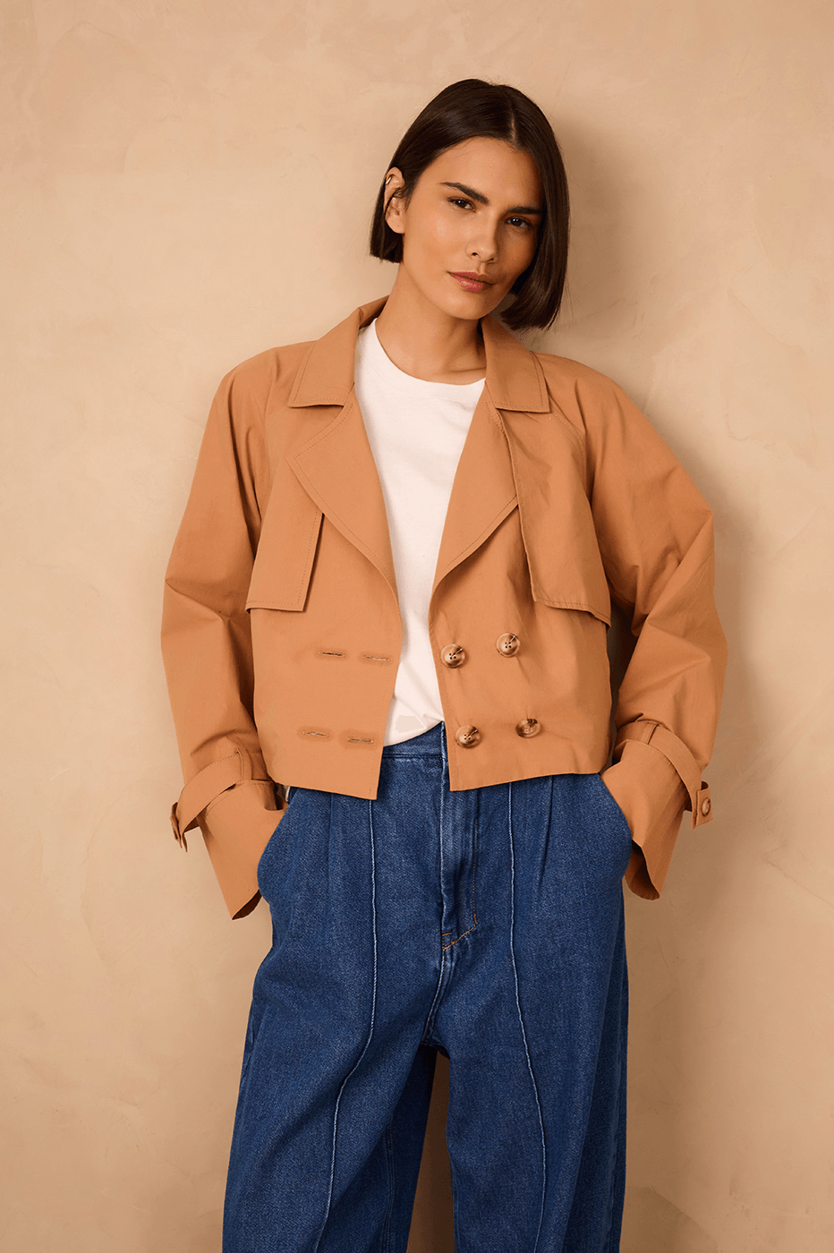 Beige Leme Buttoned Cotton Crop Jacket