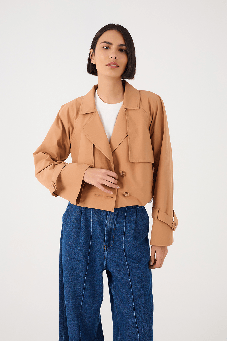 Beige Leme Buttoned Cotton Crop Jacket