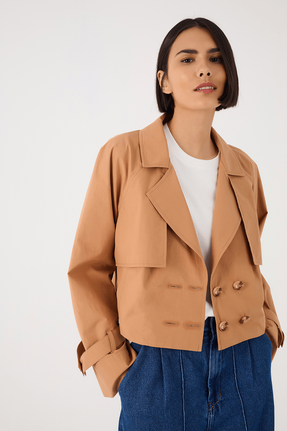 Beige Leme Buttoned Cotton Crop Jacket