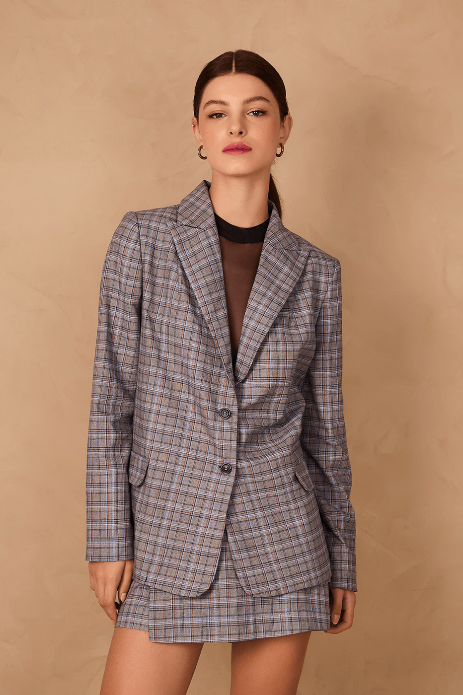 Grey Plaid Oversized Buttoned Notched Lapel Tailored Blazer