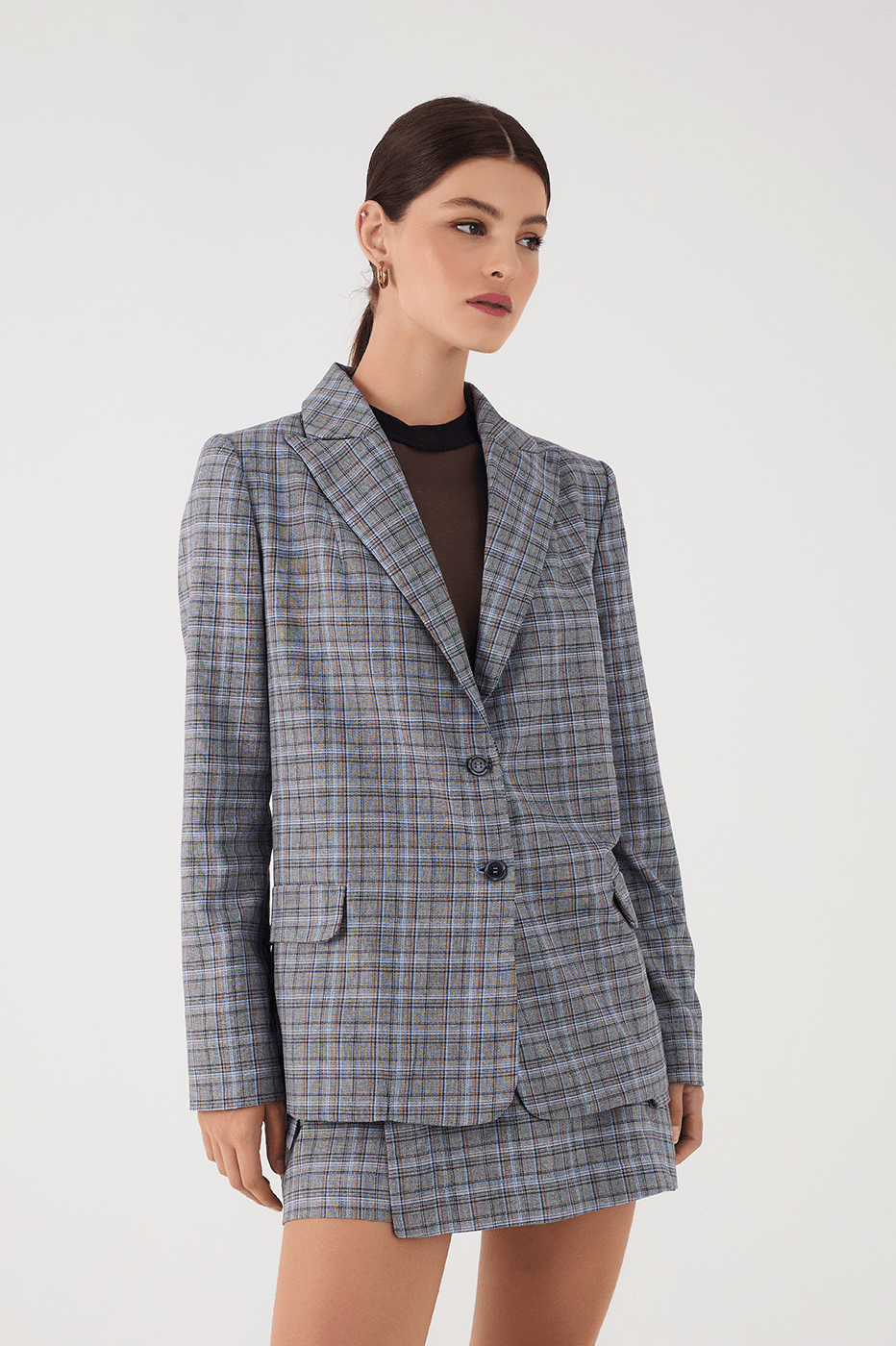 Grey Plaid Oversized Buttoned Notched Lapel Tailored Blazer