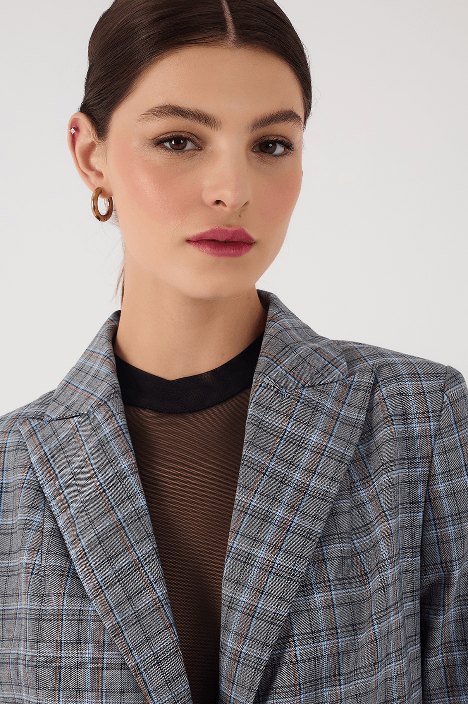 Grey Plaid Oversized Buttoned Notched Lapel Tailored Blazer