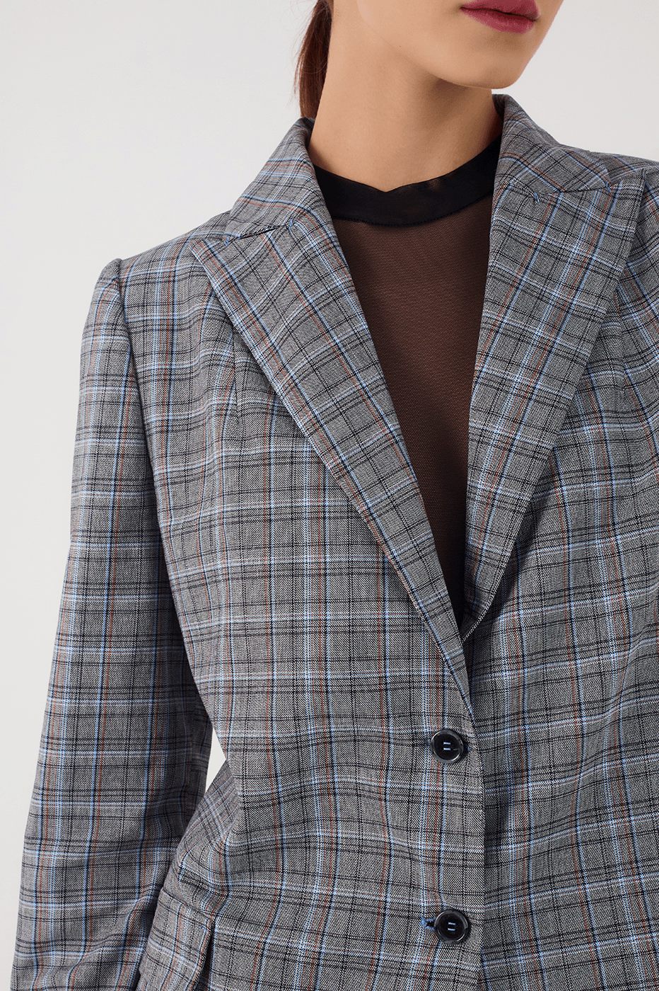 Grey Plaid Oversized Buttoned Notched Lapel Tailored Blazer