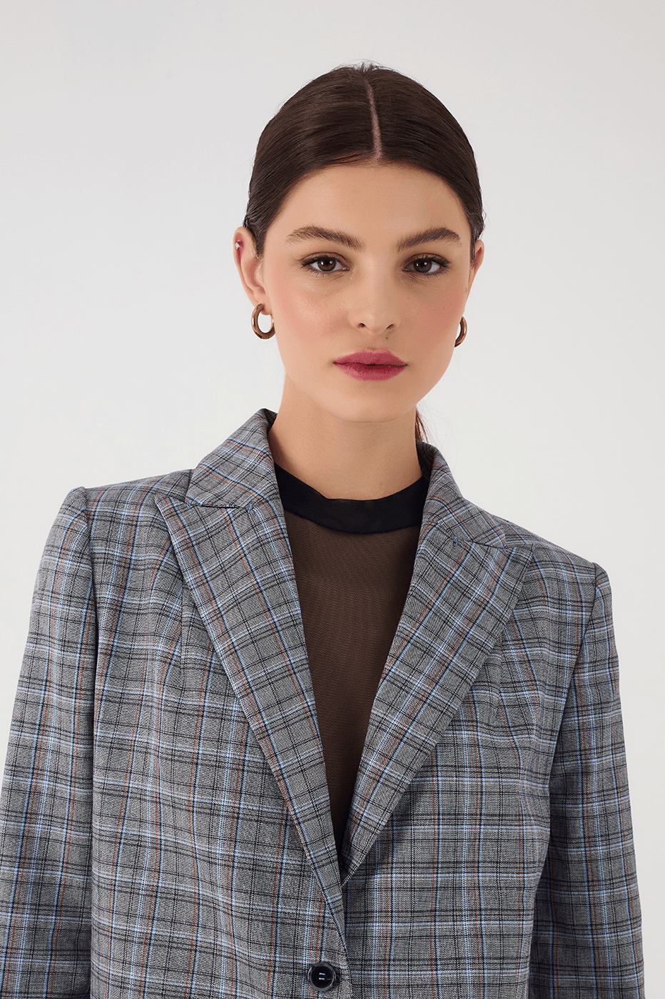 Grey Plaid Oversized Buttoned Notched Lapel Tailored Blazer