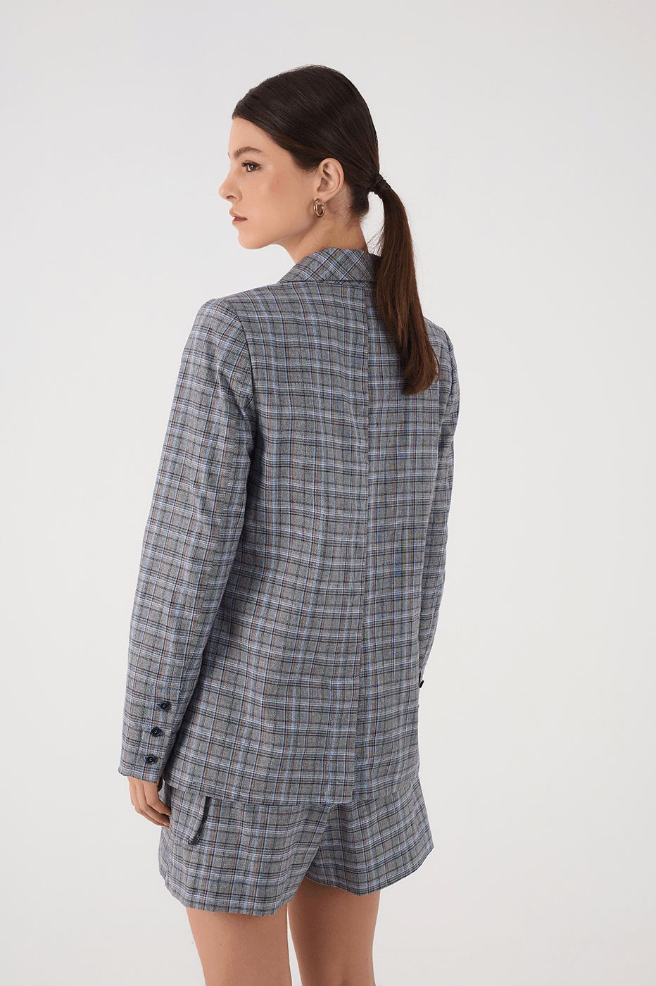 Grey Plaid Oversized Buttoned Notched Lapel Tailored Blazer
