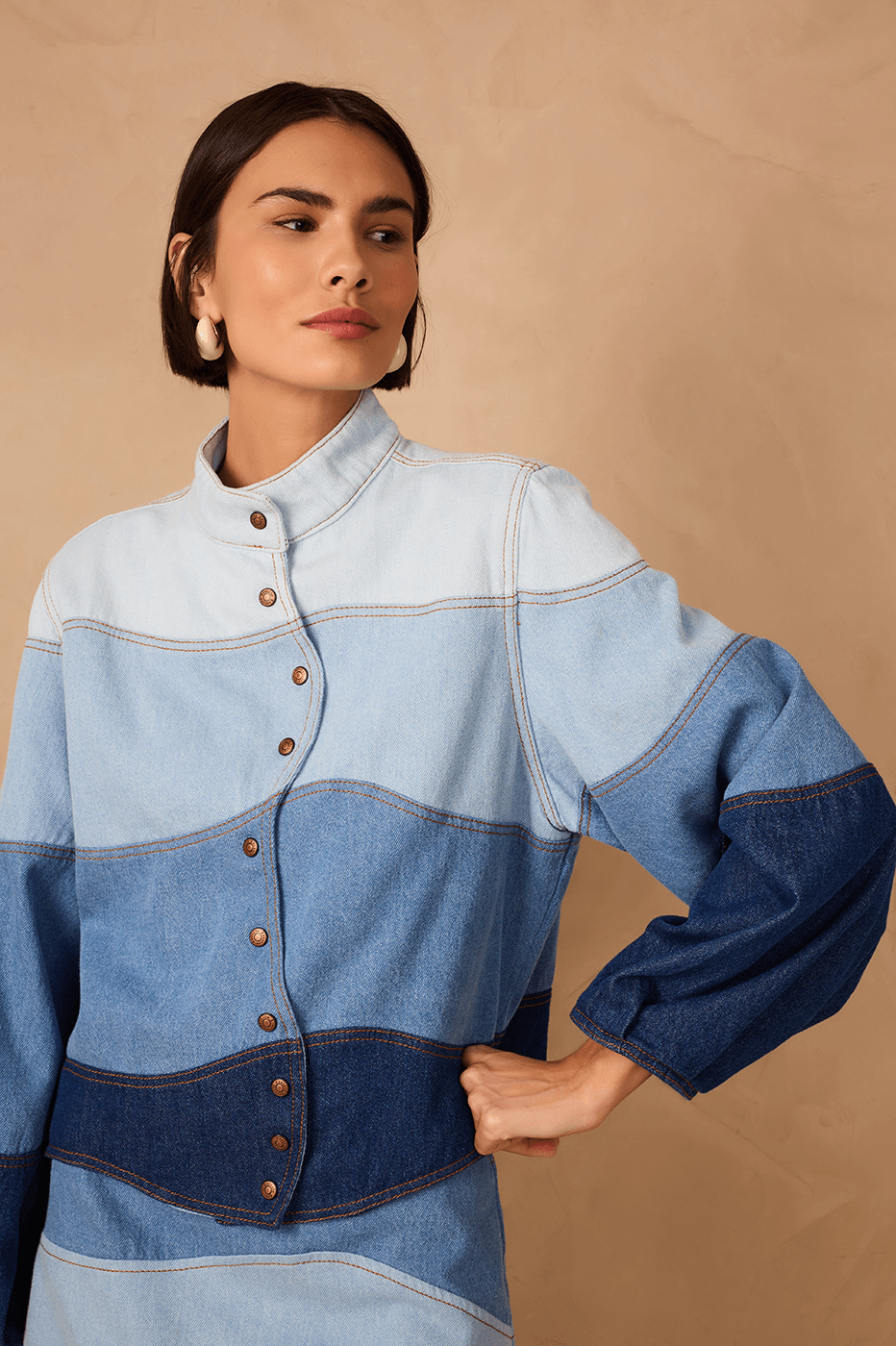 Denim Ondas Buttoned High Neck Jacket