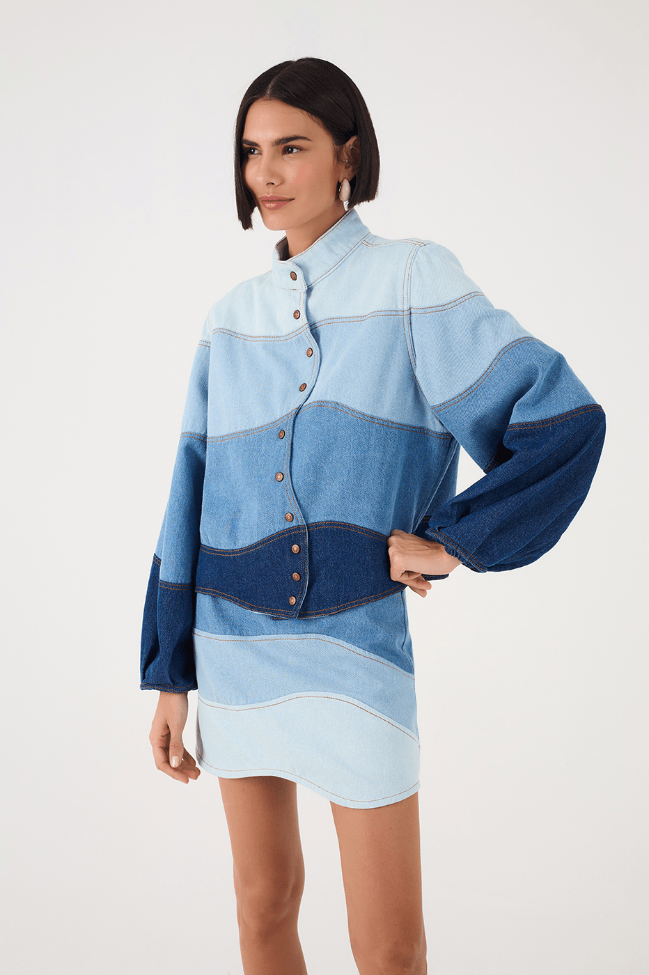 Denim Ondas Buttoned High Neck Jacket