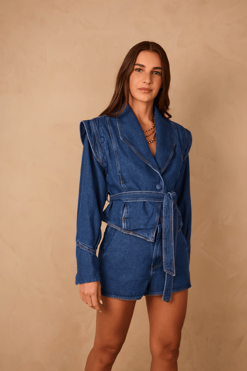 Denim Lapel Belted Tailored Jacket_1