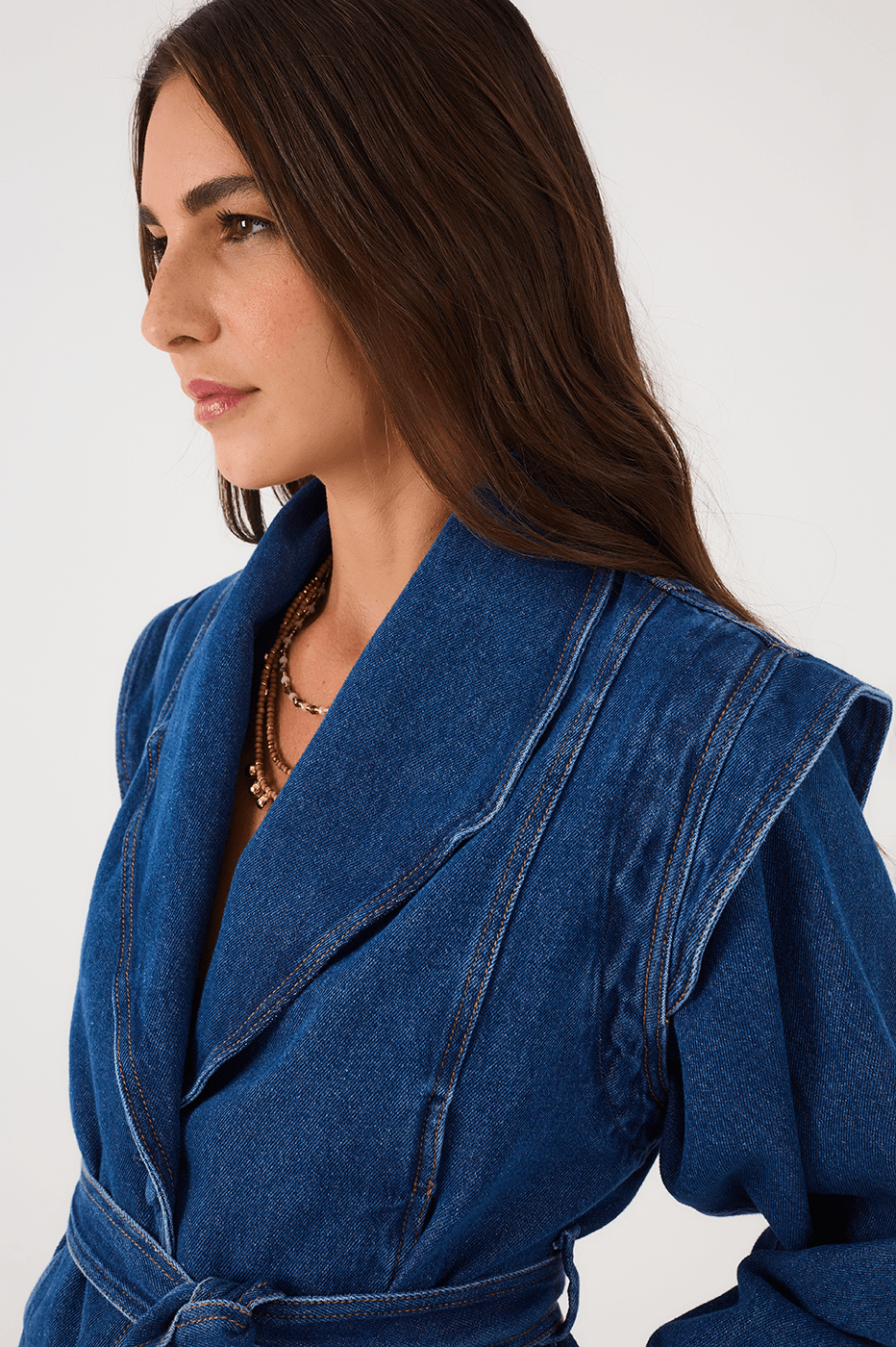 Denim Lapel Belted Tailored Jacket