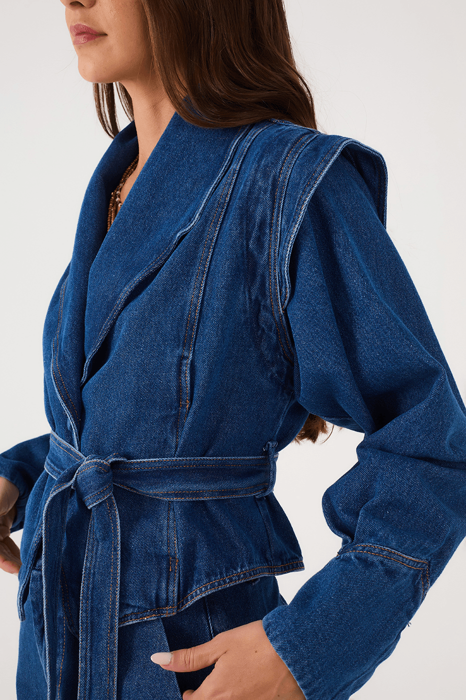 Denim Lapel Belted Tailored Jacket