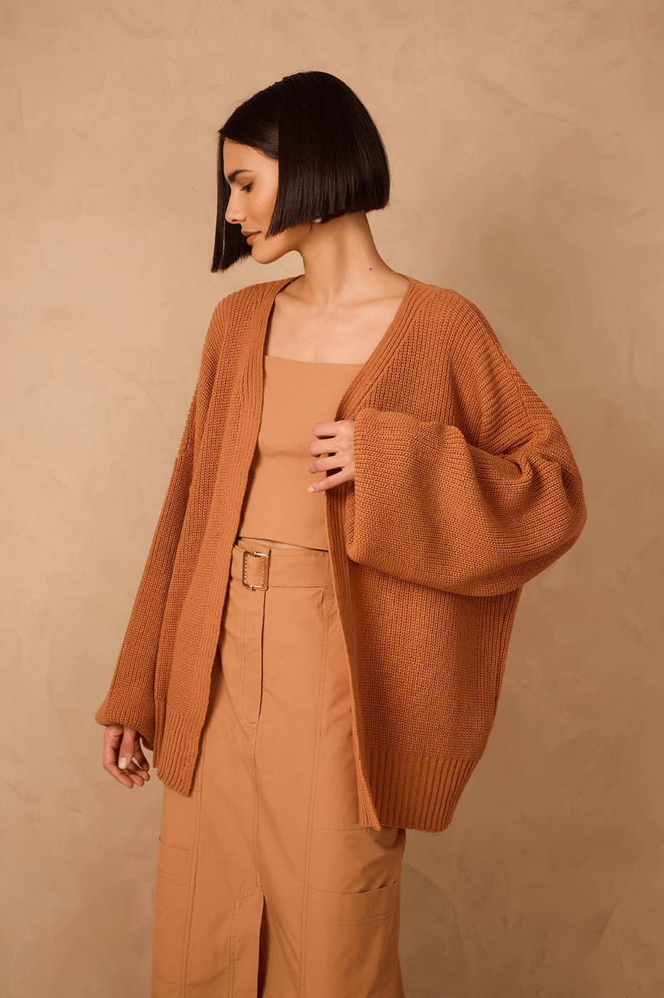 Beige Leme Oversized Dropped Shoulder Tricot Cardigan