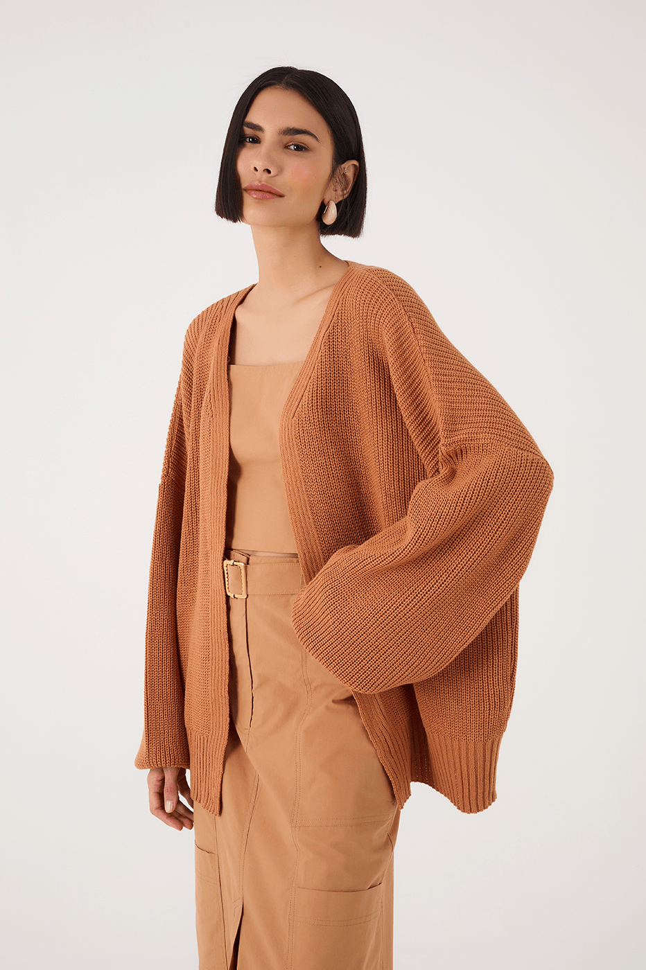 Beige Leme Oversized Dropped Shoulder Tricot Cardigan