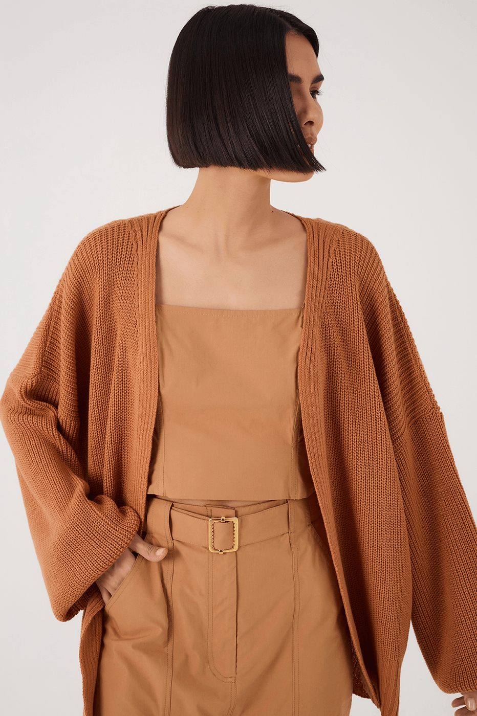 Beige Leme Oversized Dropped Shoulder Tricot Cardigan