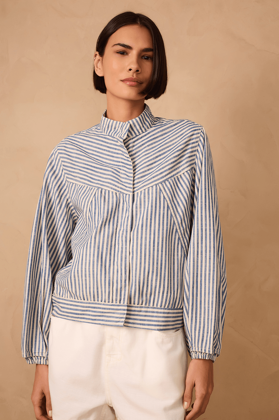 Blue Stripes High Neck Tailored Twill Jacket