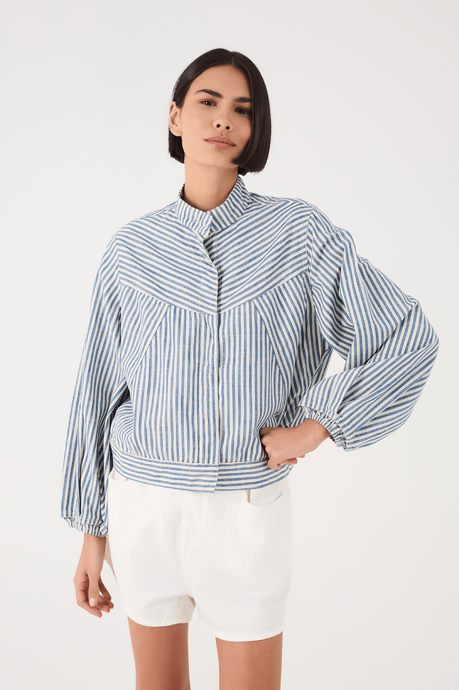 Blue Stripes High Neck Tailored Twill Jacket