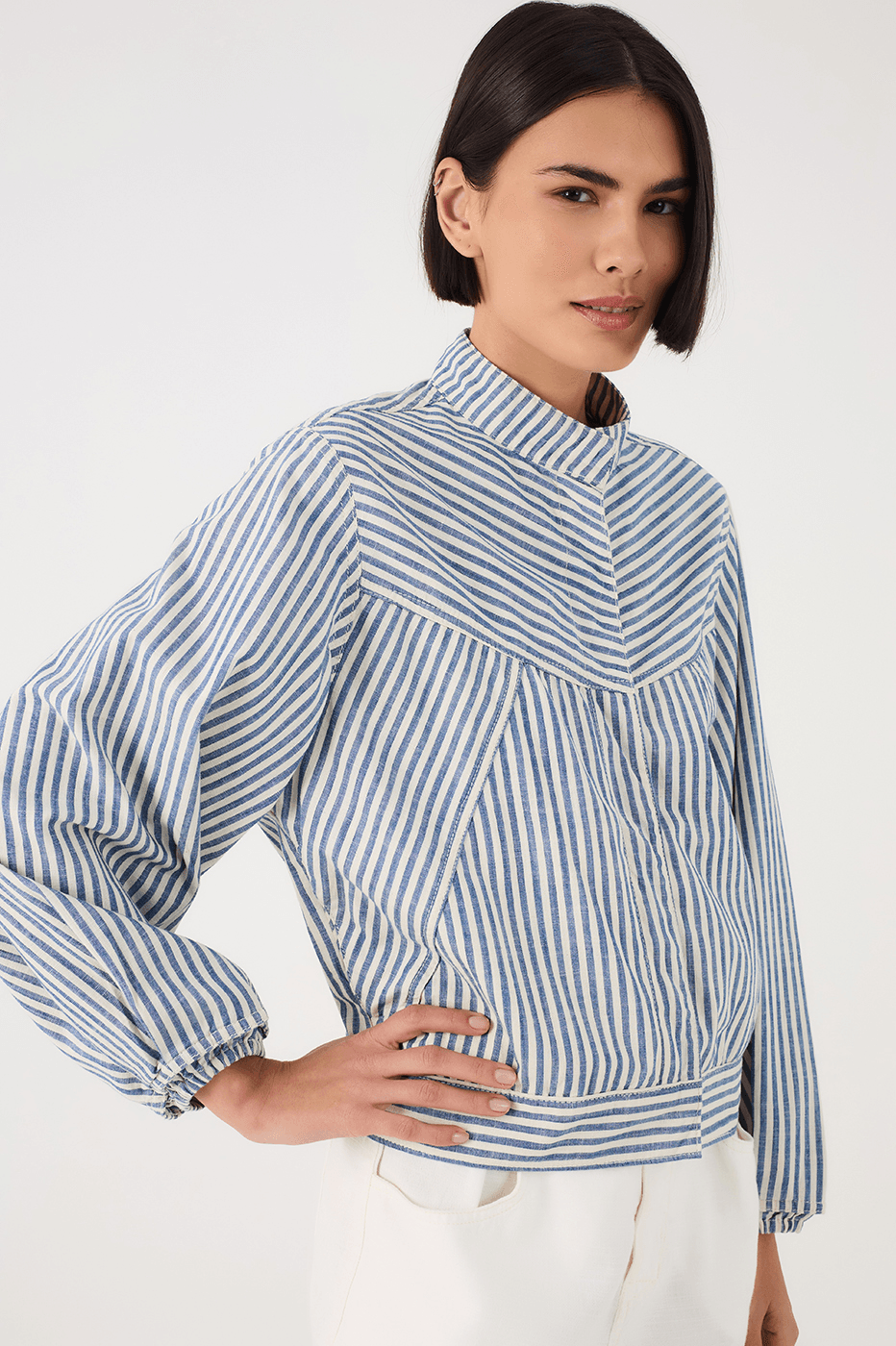 Blue Stripes High Neck Tailored Twill Jacket