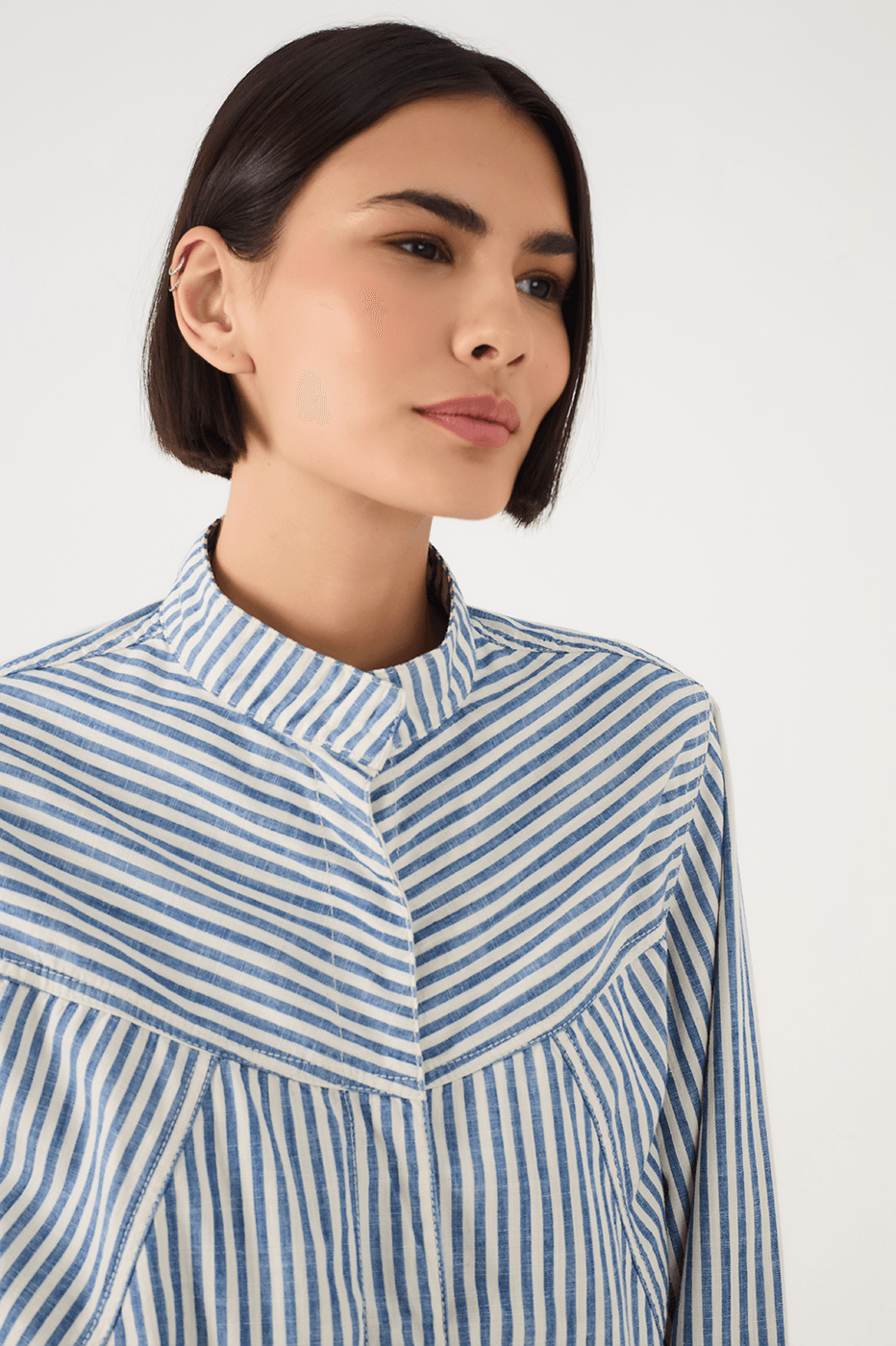 Blue Stripes High Neck Tailored Twill Jacket