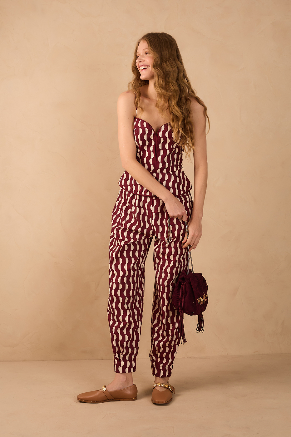 Marsala Copa Sweetheart Neck Sleeveless Peplum Tricoline Jumpsuit