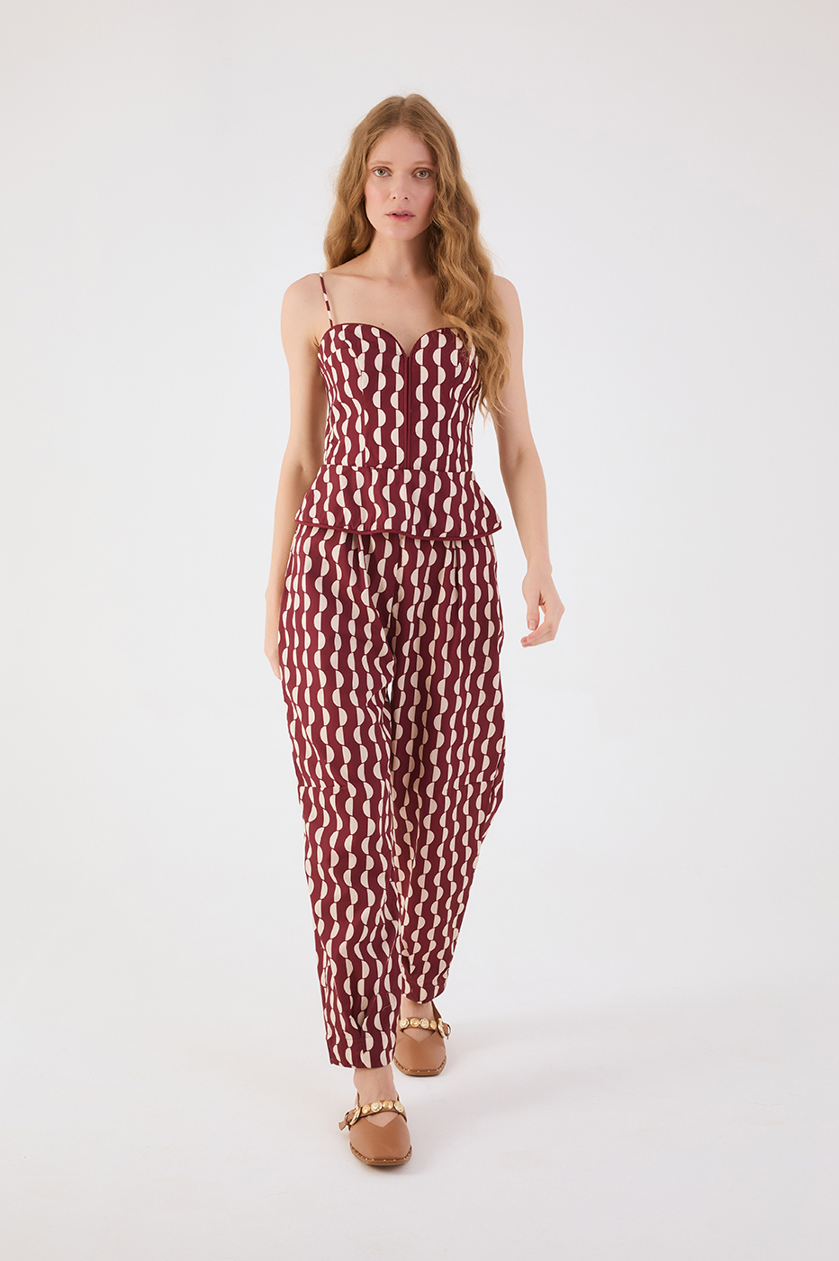 Marsala Copa Sweetheart Neck Sleeveless Peplum Tricoline Jumpsuit
