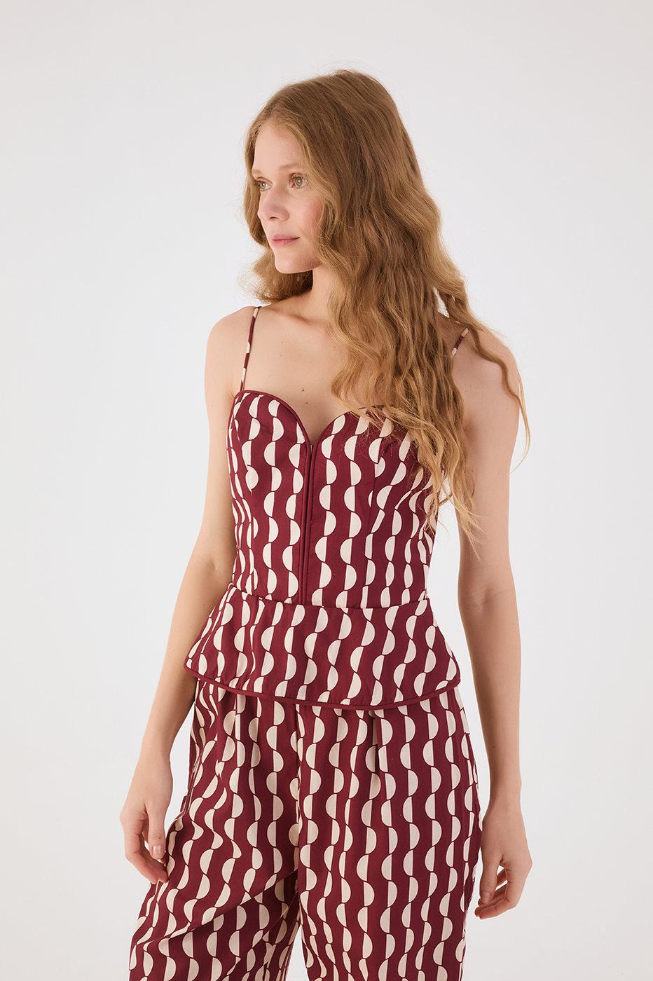 Marsala Copa Sweetheart Neck Sleeveless Peplum Tricoline Jumpsuit